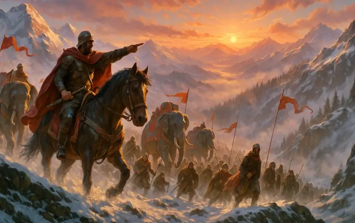 Hannibal Barca’nın Alp Dağları’nı geçen ordusunu önden at üzerinde yönlendirdiği sahne; karlı dağ geçitlerinde ilerleyen askerler, savaş filleri ve kırmızı sancaklar eşliğinde dramatik bir gün batımı manzarası.